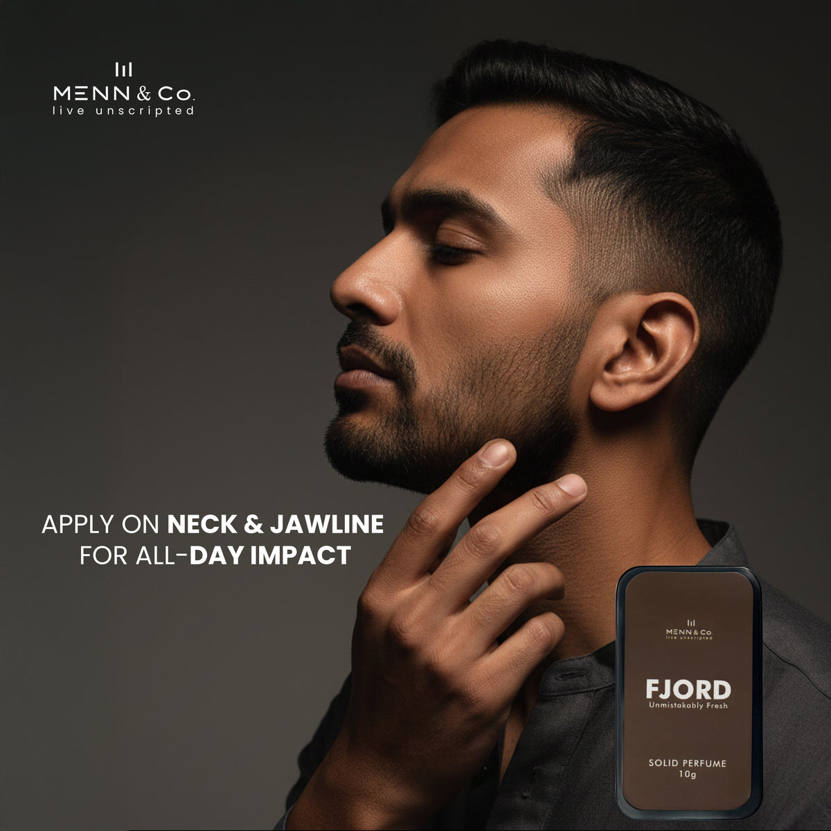 Man applying Fjord solid perfume on neck with Menn & Co branding