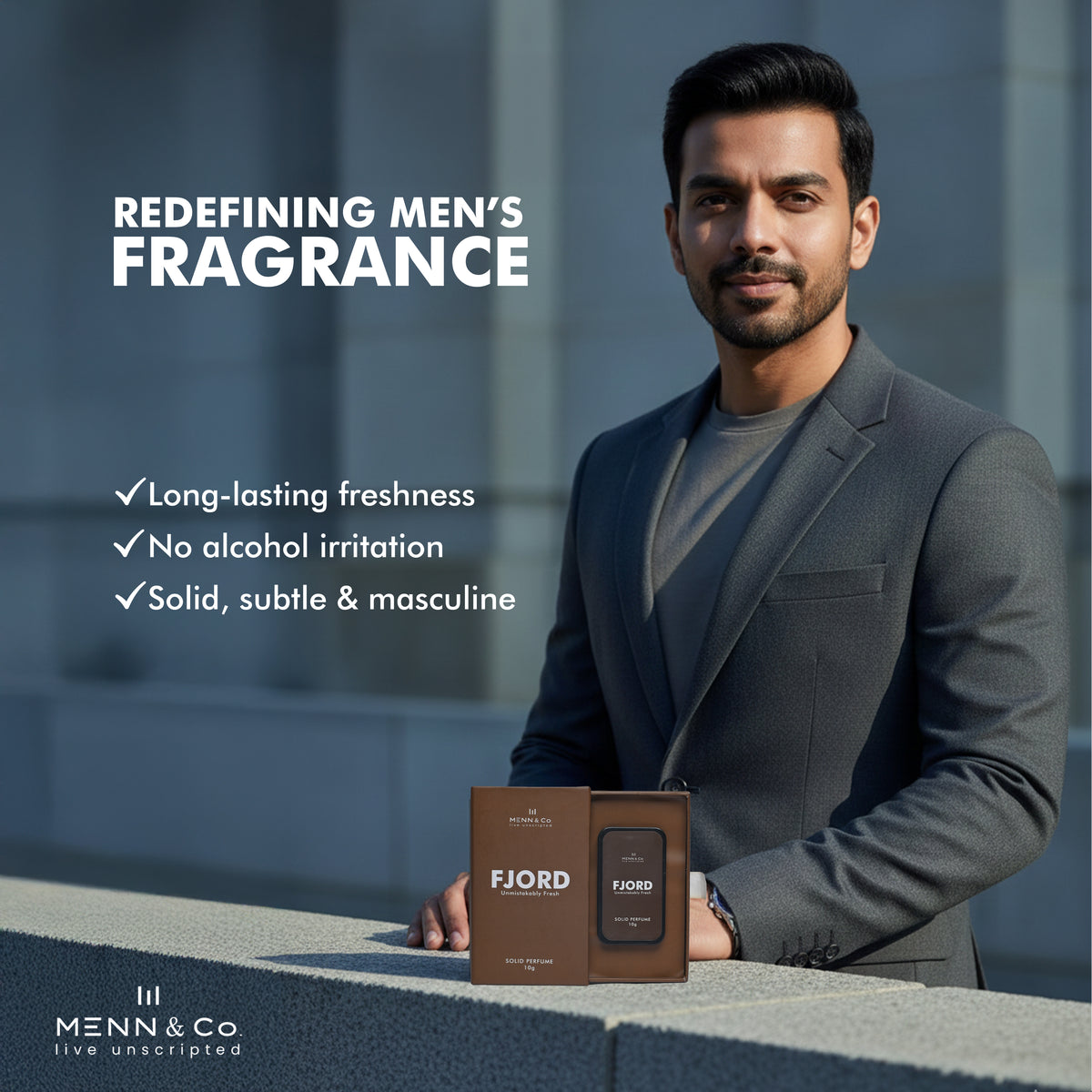 Man in a suit holding a FJORD product with text about men's fragrance features.