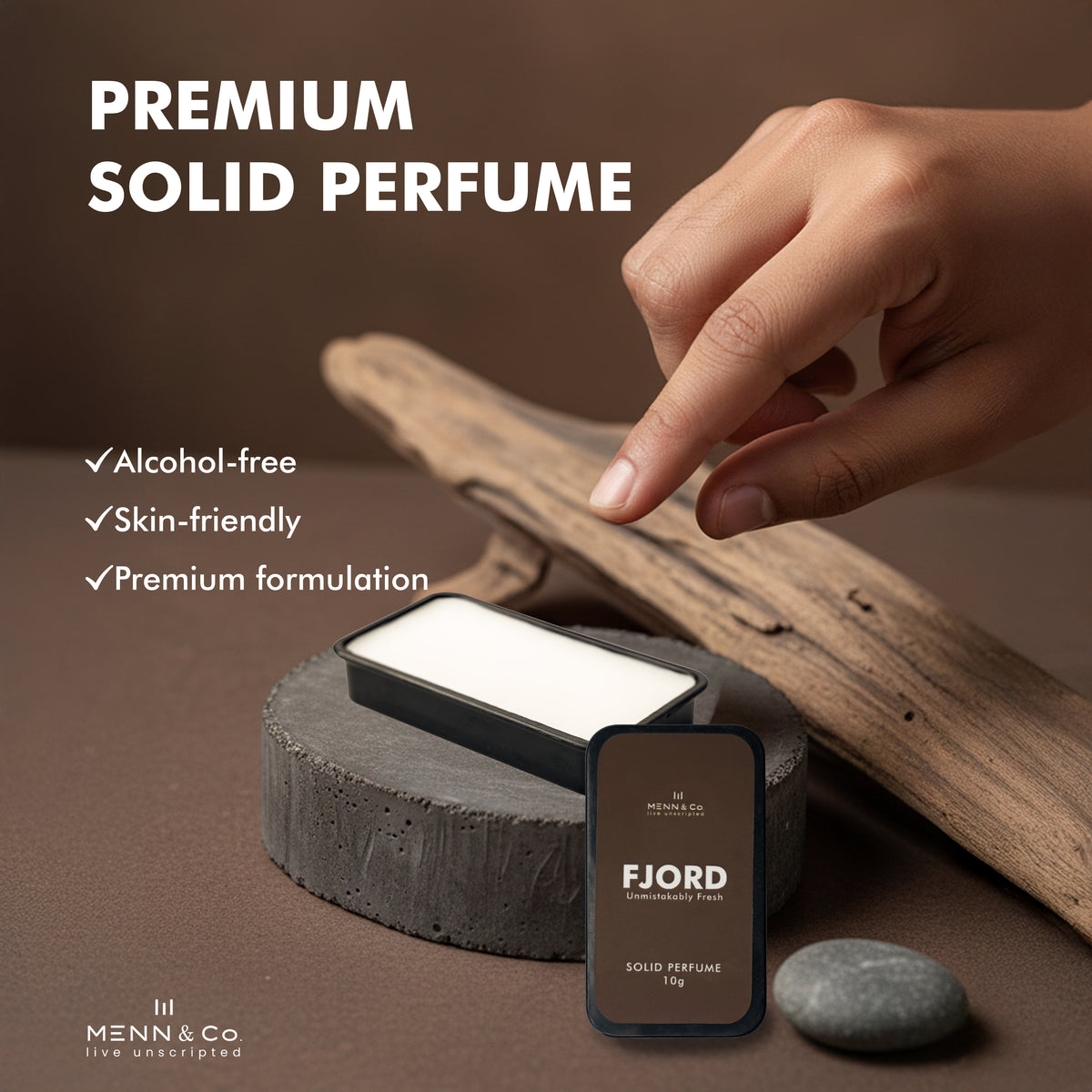 Solid perfume with packaging labeled 'FJORD' on a brown background, featuring text about product features.