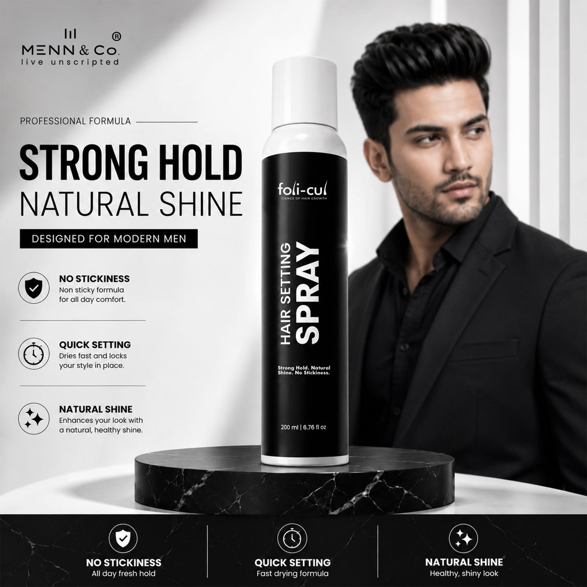 Foli-Cul hair setting spray with a man in a suit on a white background
