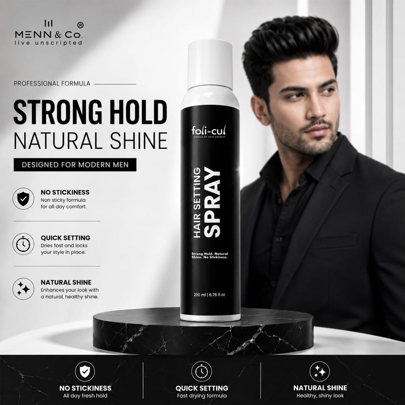 Foli-Cul hair setting spray with a man in a suit on a white background