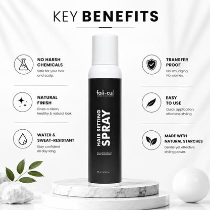 Foli Cul hair setting spray with key benefits listed on a white background
