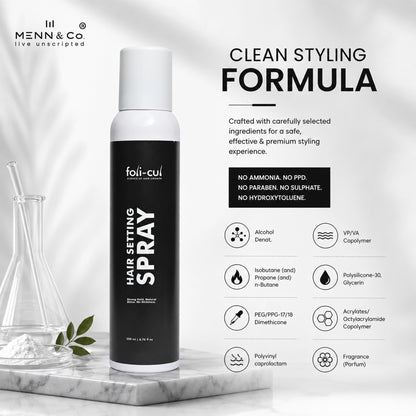 Hair setting spray bottle with product details on a white background