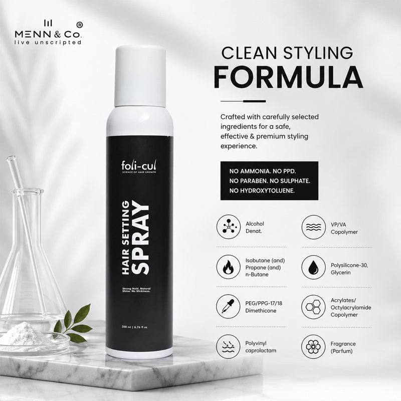Hair setting spray bottle with product details on a white background