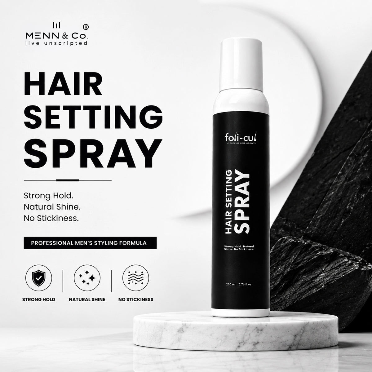Foli-Cul hair setting spray bottle on a marble platform with branding and product details.