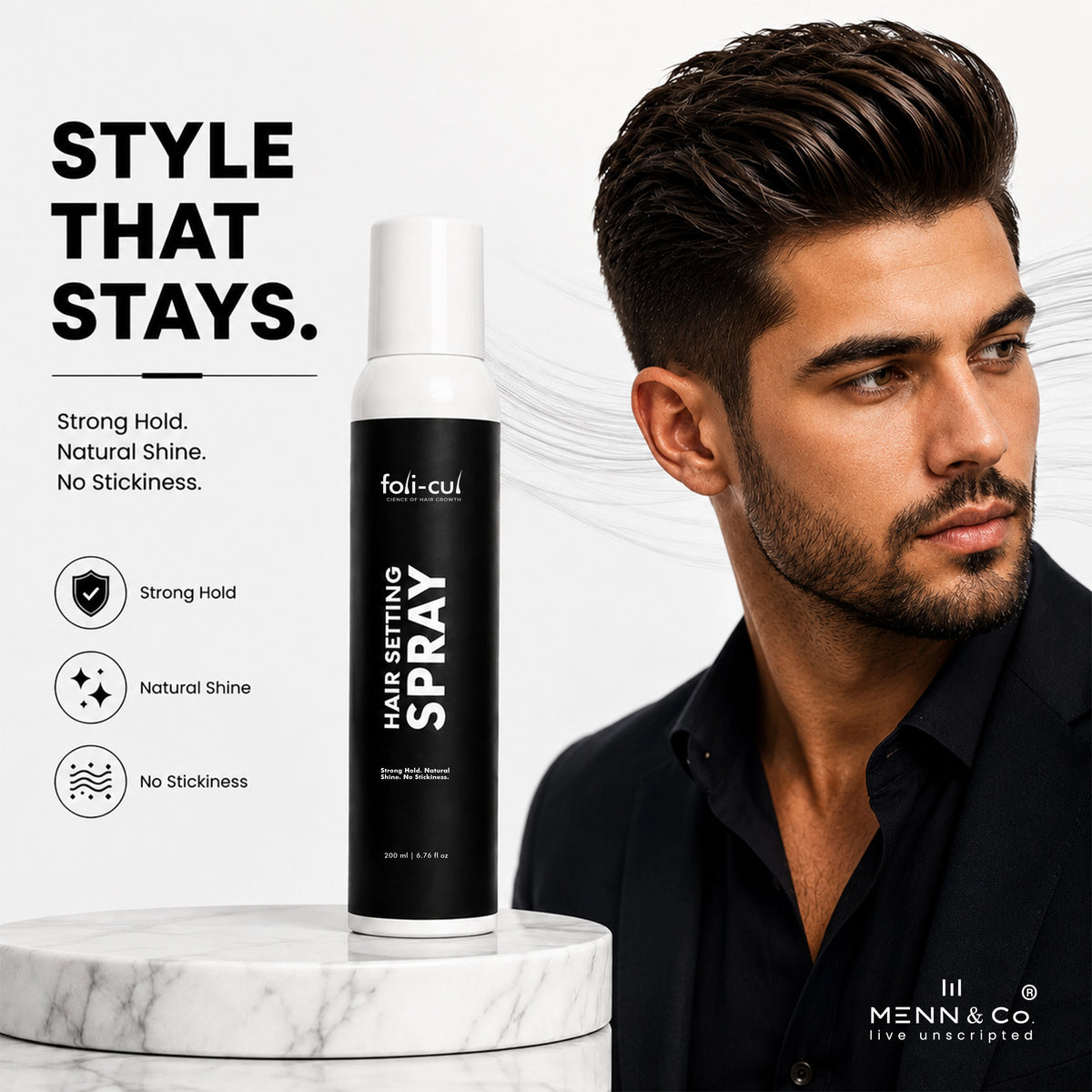 Foli-Cul hair setting spray with a man styled with product on a white background