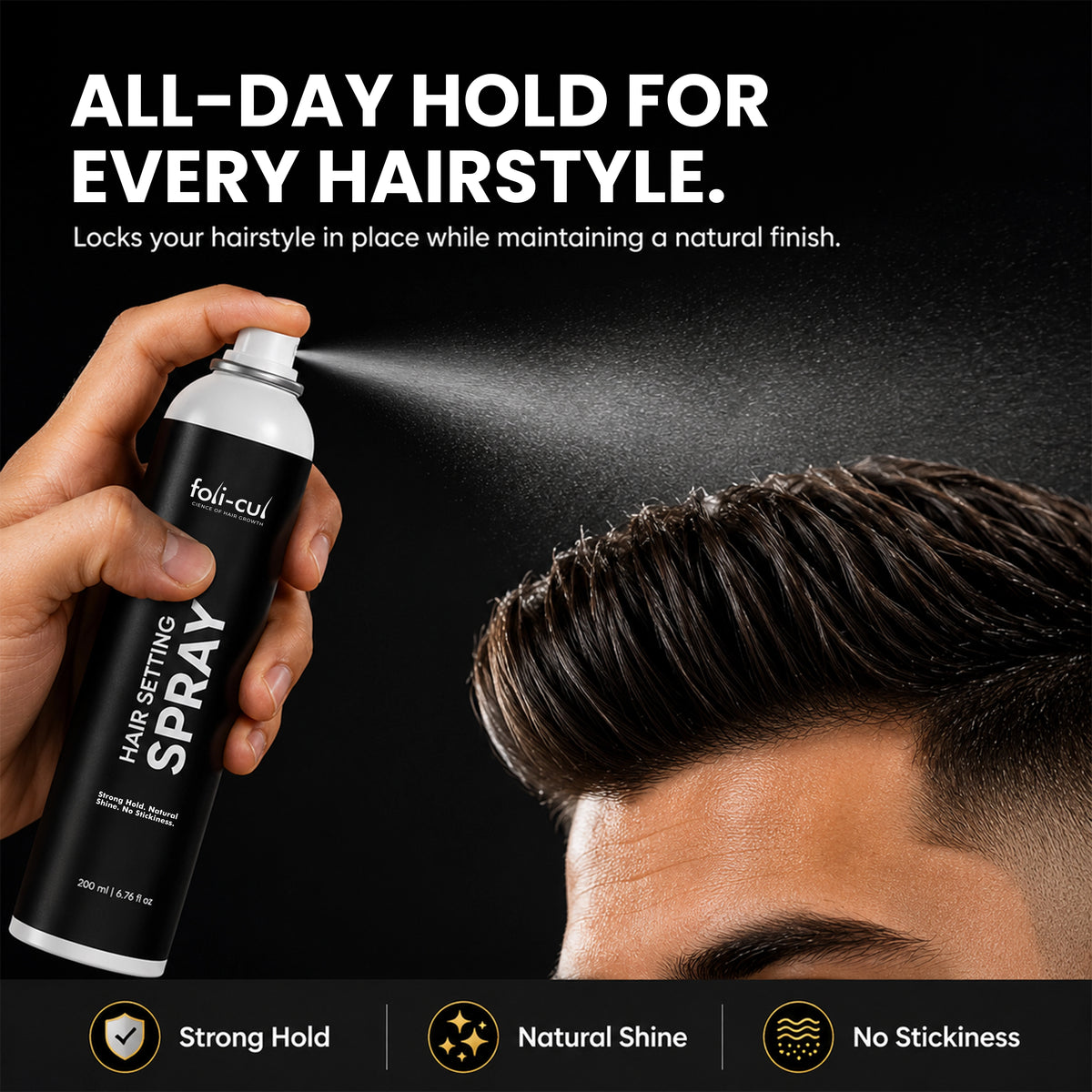 Foli-Cul hair setting spray being used on a person with text highlighting product features.