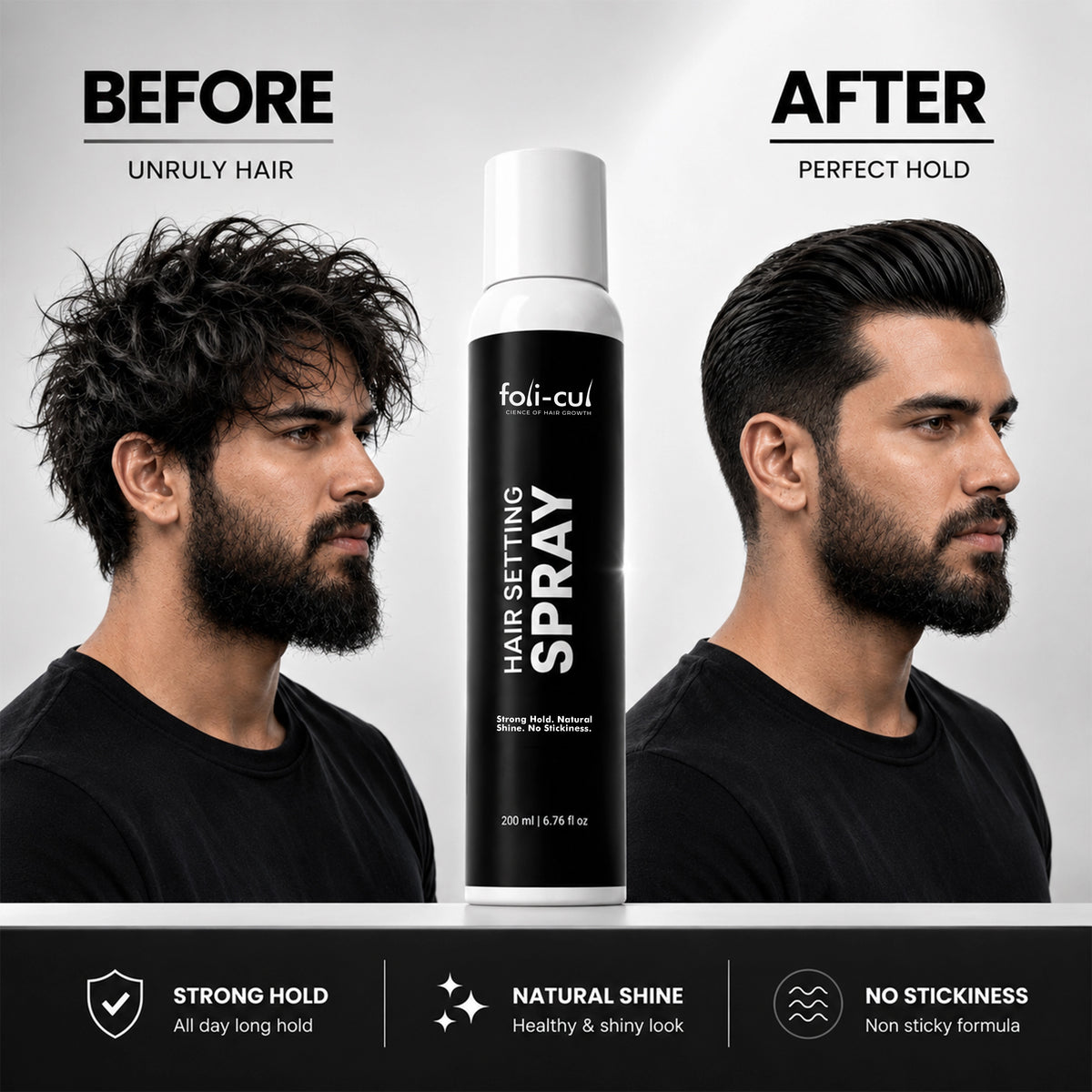Before and after comparison of hair setting spray with a man using the product.