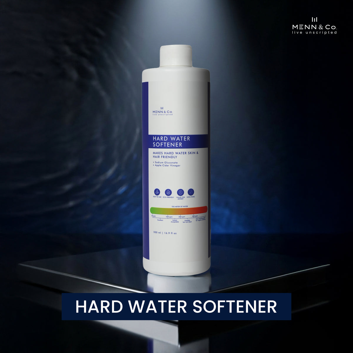 Menn & Co Hard water softener bottle on a reflective surface with a dark background