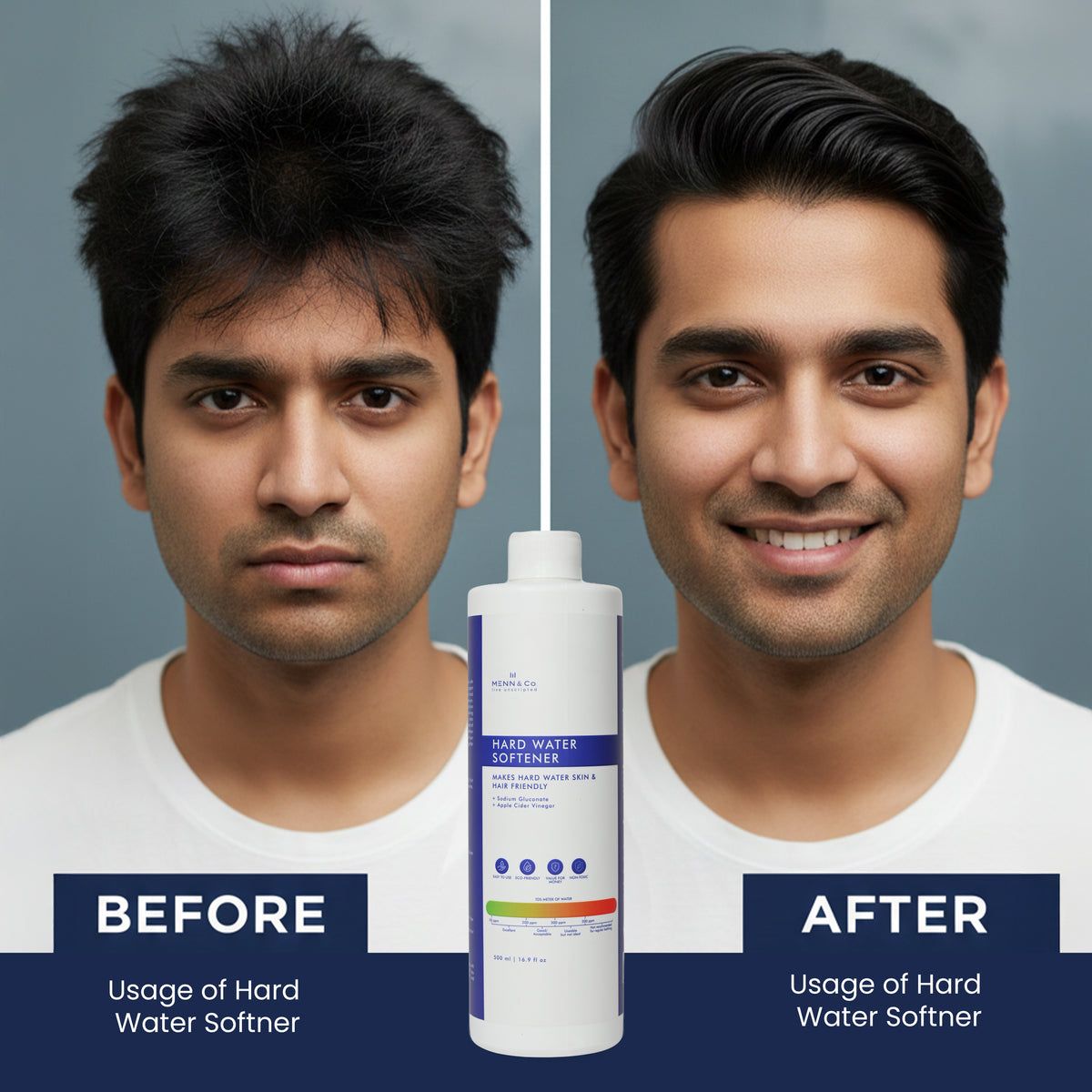Before and after comparison of a man's hair with a hard water softener product.