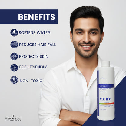 Man standing next to a bottle with product benefits listed on a white background