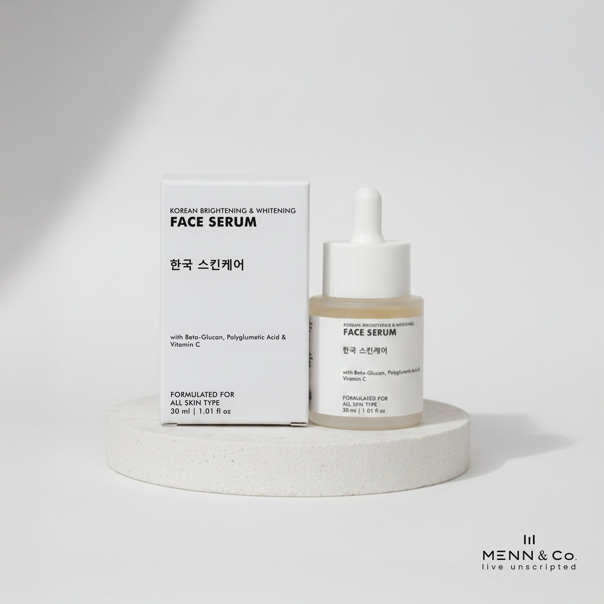 Korean Brightening Whitening Face serum bottle with packaging on a white background, featuring the brand 'Menn & Co'.