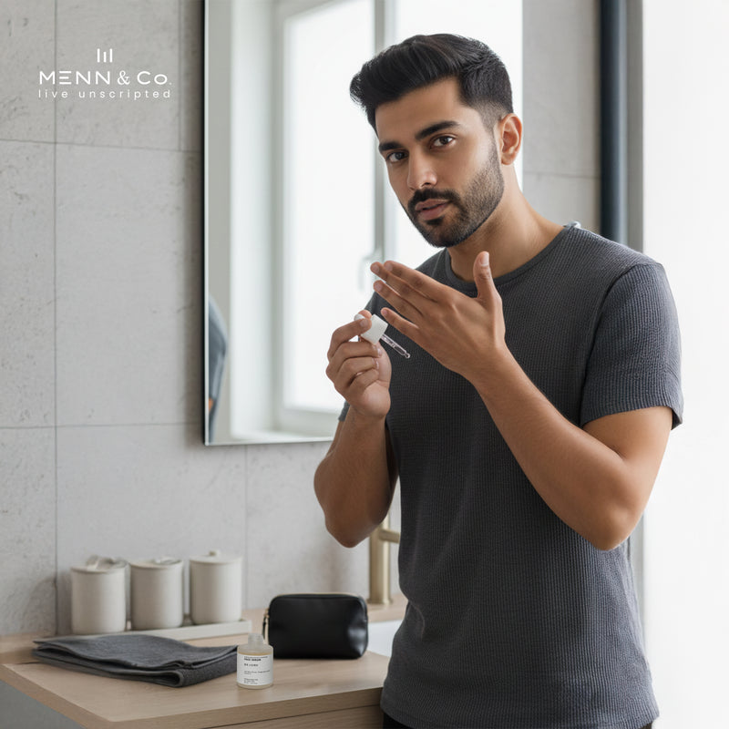 Man applying Korean Skin Brightening Face Serum  in a bathroom with Menn & Co branding.