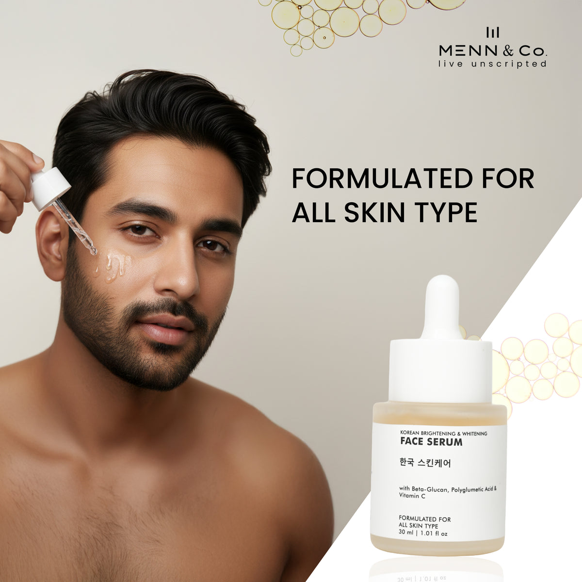 Man applying Korean skin brightening face serum with Menn & Co branding and text 'Formulated for all skin types'.