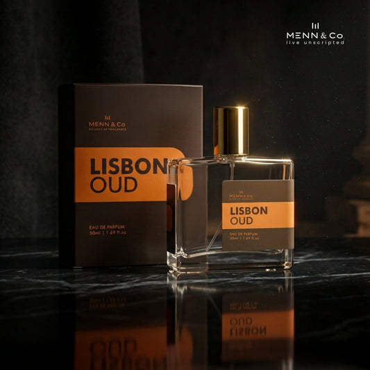 Menn & Co Lisbon Oud perfume bottle and packaging on a dark surface