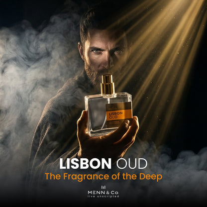 Man holding a 'Lisbon Oud' perfume bottle with smoke and light effects