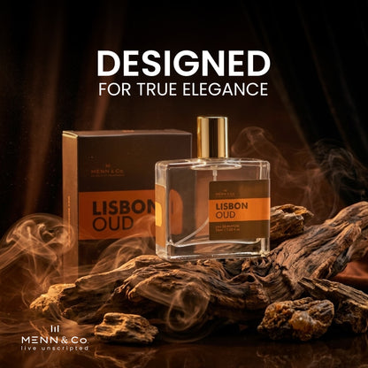 Menn & Co Lisbon Oud perfume bottle and packaging on a dark background with smoke effects.
