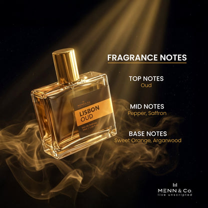 Perfume bottle labeled 'Lisbon Oud' with fragrance notes on a dark background