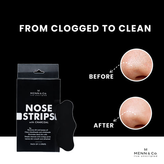 Menn & Co nose strip packaging with 'From Clogged to Clean' text and before/after images on a black background.