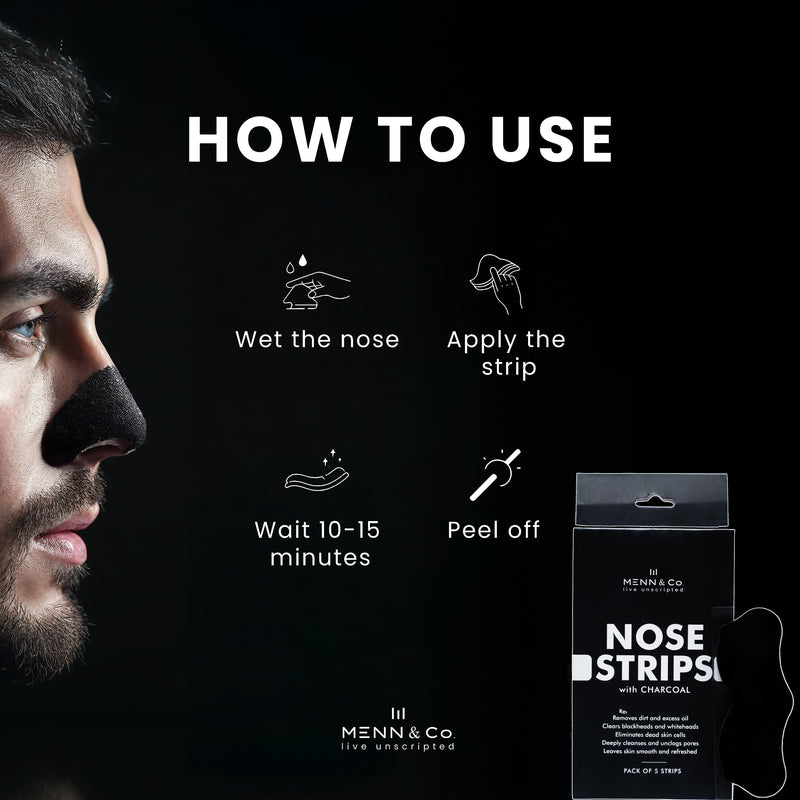 Instructions on how to use nose strips with a mannequin head and Menn & Co packaging.