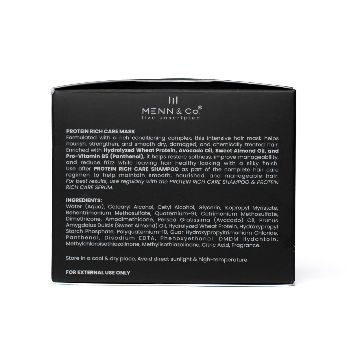 A black rectangular box for Menn & Co Protein Rich Care Mask, featuring white text detailing ingredients and usage instructions on a white background.