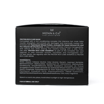 A black rectangular box for Menn & Co Protein Rich Care Mask, featuring white text detailing ingredients and usage instructions on a white background.