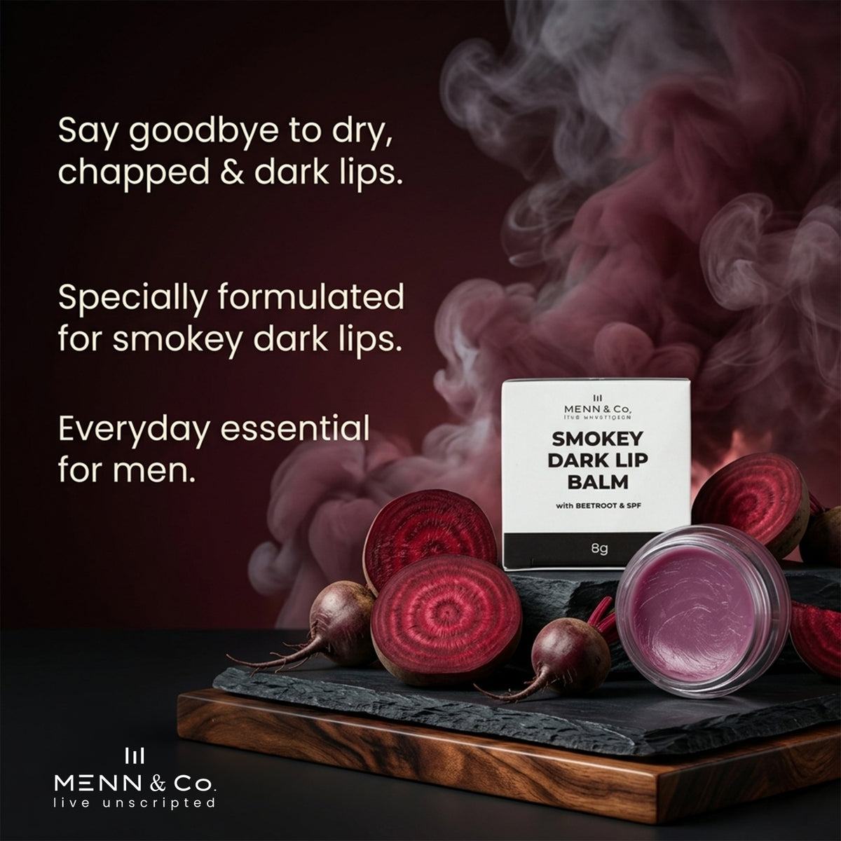 Menn & Co Smokey Dark Lip Balm with beetroot and shea butter on a dark background