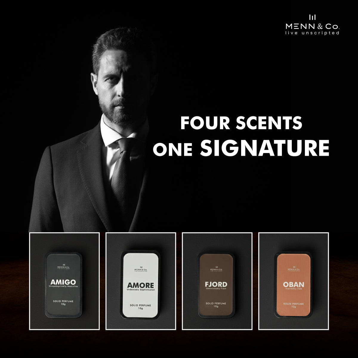 Menn & Co. advertisement with a man in a suit and four perfume bottles labeled 'Amigo', 'Amore', 'Fjord', and 'Oban'