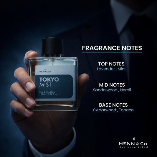 Hand holding a bottle of 'Tokyo Mist' perfume with fragrance notes displayed.