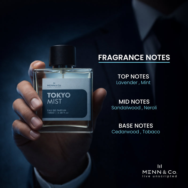 Hand holding a bottle of 'Tokyo Mist' perfume with fragrance notes displayed.