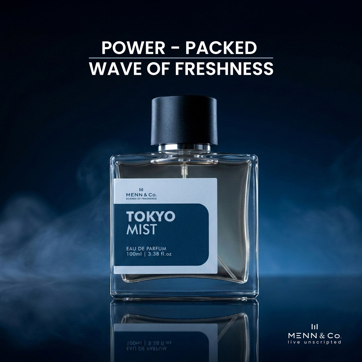 Perfume bottle labeled 'Tokyo Mist' with dark background and text 'Power - Packed Wave of Freshness'.