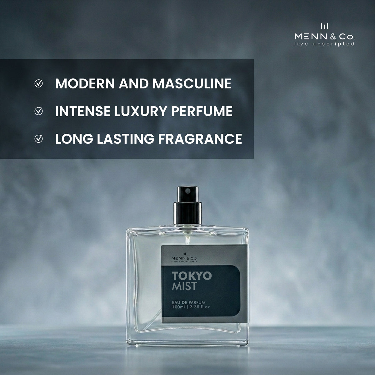 Perfume bottle labeled 'Tokyo Mist' by Menn & Co with product features listed on a dark background.