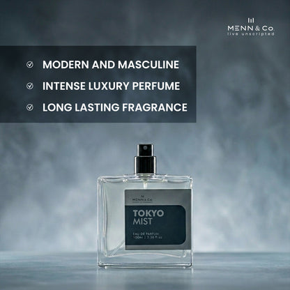 Perfume bottle labeled 'Tokyo Mist' by Menn & Co with product features listed on a dark background.