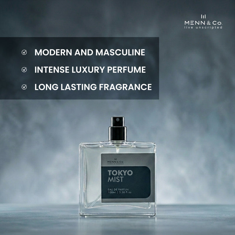 Perfume bottle labeled 'Tokyo Mist' by Menn & Co with product features listed on a dark background.
