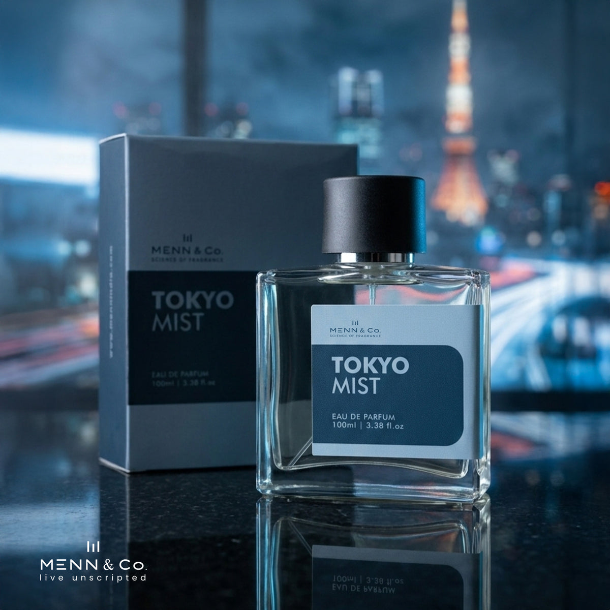 Menn & Co Tokyo Mist perfume bottle and packaging with a cityscape background