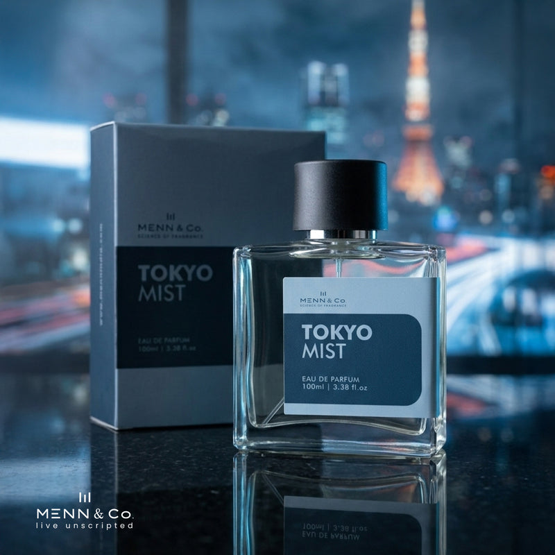 Menn & Co Tokyo Mist perfume bottle and packaging with a cityscape background