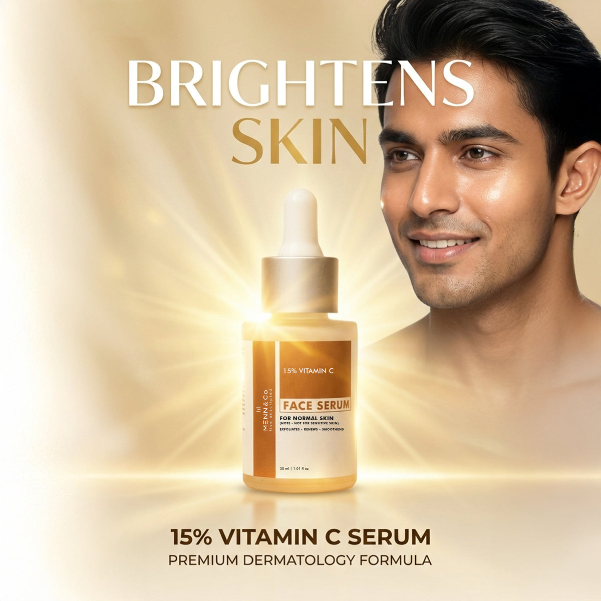 15% Vitamin C serum bottle with a man's face on a gold gradient background