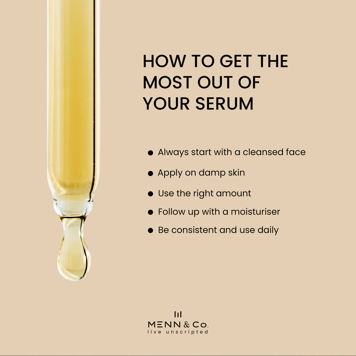 Vitamin C Face serum Skincare serum dropper with text on how to use it and Menn & Co branding.