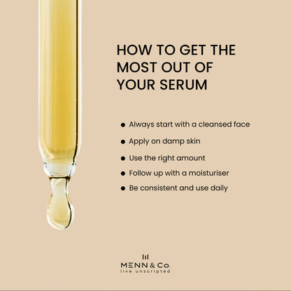 Vitamin C Face serum Skincare serum dropper with text on how to use it and Menn & Co branding.