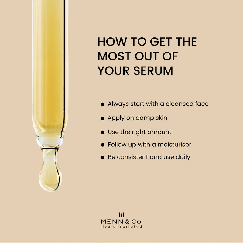 Vitamin C Face serum Skincare serum dropper with text on how to use it and Menn & Co branding.