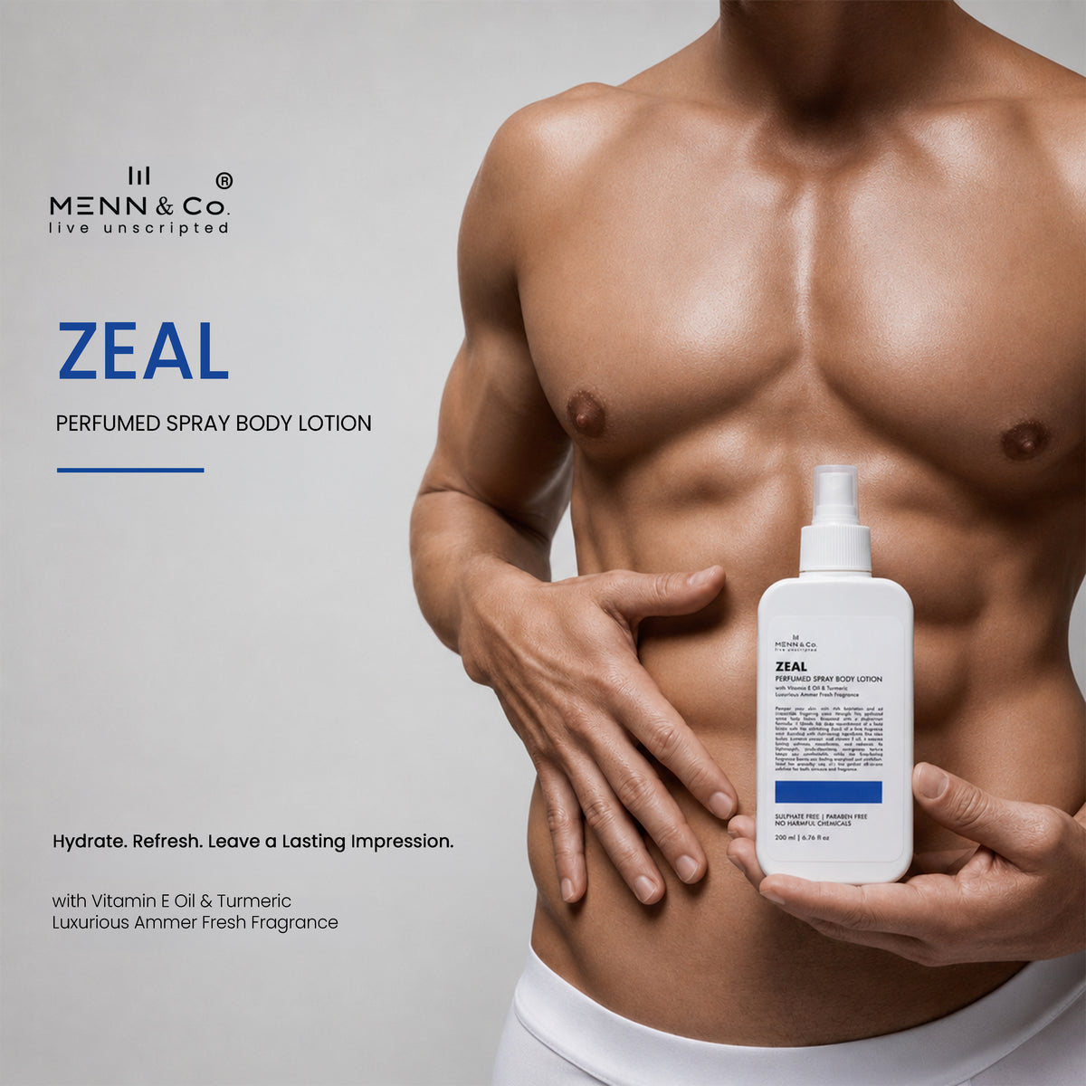 A male model's torso is shown holding a white bottle of Menn & Co ZEAL Perfumed Spray Body Lotion against a light gray background with product text on the left.