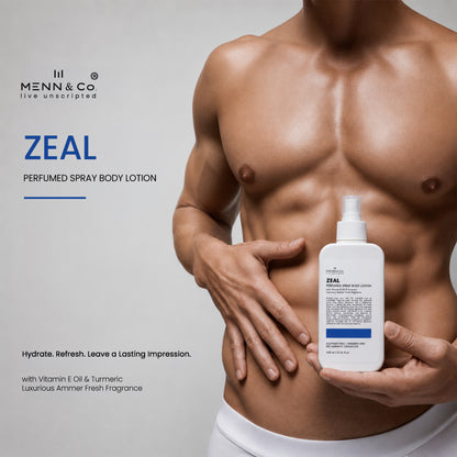 A male model's torso is shown holding a white bottle of Menn & Co ZEAL Perfumed Spray Body Lotion against a light gray background with product text on the left.