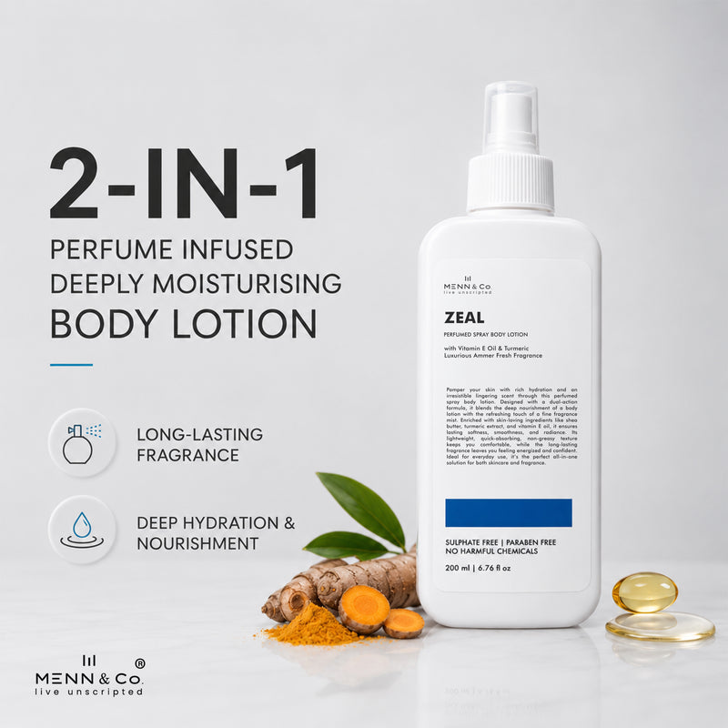 A white pump bottle of Menn & Co Zeal Perfume Infused Body Lotion stands on a light gray reflective surface with marketing text on the left and turmeric root, turmeric powder, and a gold capsule on the right.