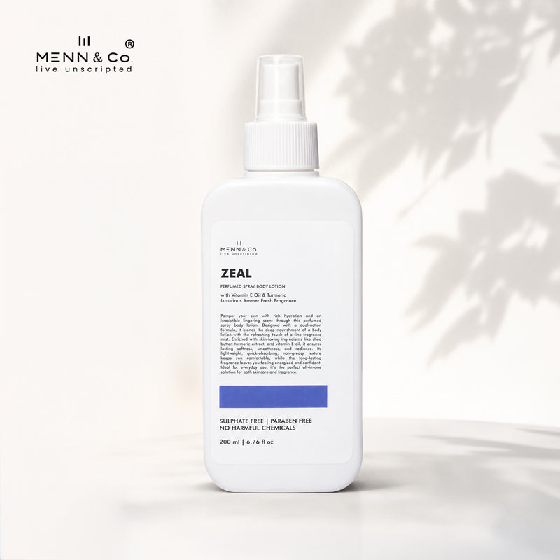 A white bottle of Menn & Co Zeal Handmade Body Lotion with a spray top, set against a warm off-white background with soft leaf shadows. The brand logo 'Menn & Co' is visible in the top left corner.