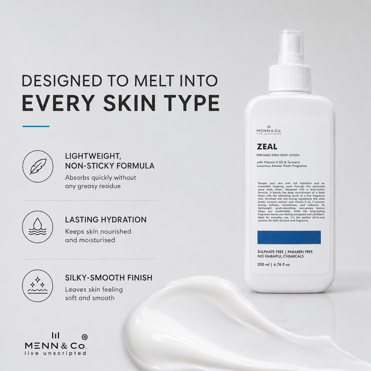 A white bottle of Menn & Co Zeal Humidifying Spray with a pump dispenser, shown next to a white cosmetic smear on a light gray background. The left side features marketing text and icons describing the product's lightweight, non-sticky formula, lasting hydration, and silky-smooth finish.