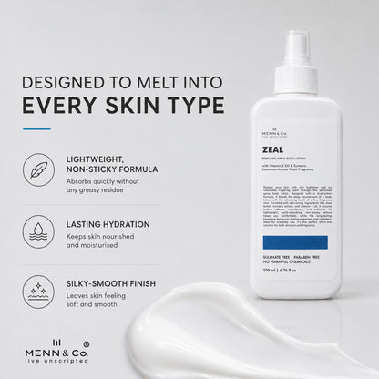 A white bottle of Menn & Co Zeal Humidifying Spray with a pump dispenser, shown next to a white cosmetic smear on a light gray background. The left side features marketing text and icons describing the product's lightweight, non-sticky formula, lasting hydration, and silky-smooth finish.