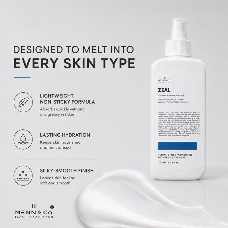 A white bottle of Menn & Co Zeal Humidifying Spray with a pump dispenser, shown next to a white cosmetic smear on a light gray background. The left side features marketing text and icons describing the product's lightweight, non-sticky formula, lasting hydration, and silky-smooth finish.