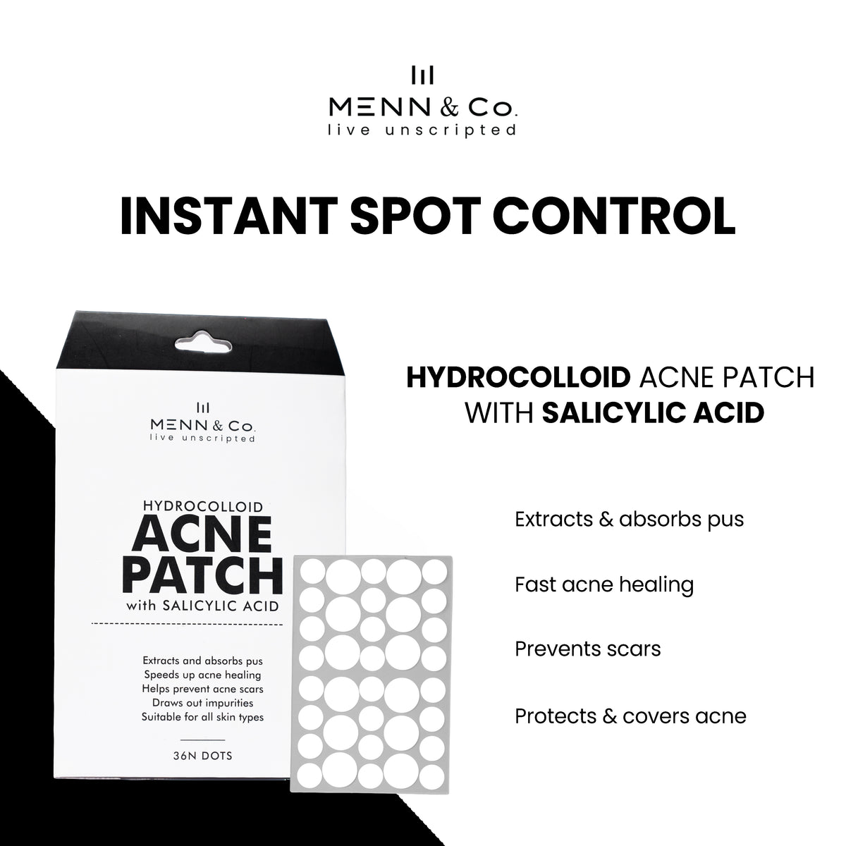 Menn & Co hydrocolloid acne patch packaging with product details on a white background