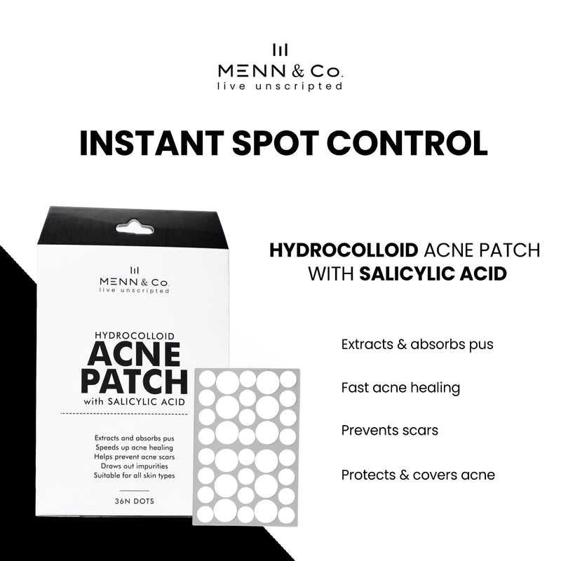 Menn & Co hydrocolloid acne patch packaging with product details on a white background