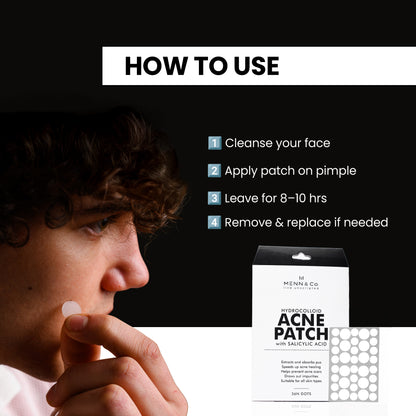 Person applying acne patch with 'How to Use' instructions and Menn & Co. packaging.